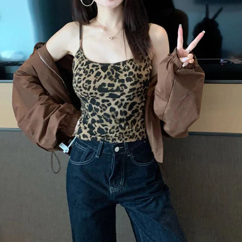 美式辣妹豹纹背心吊带带胸垫