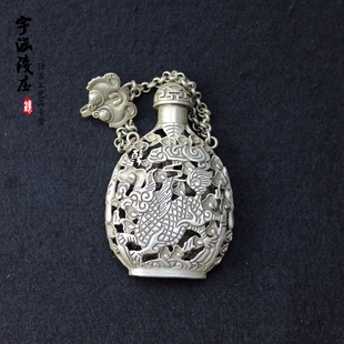 古玩杂项收藏仿古老白铜镀银镂空麒麟香囊苗银藏银压襟锁老物件