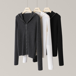 精纺100%羊毛连帽拉链开衫女长袖薄款修身针织外套