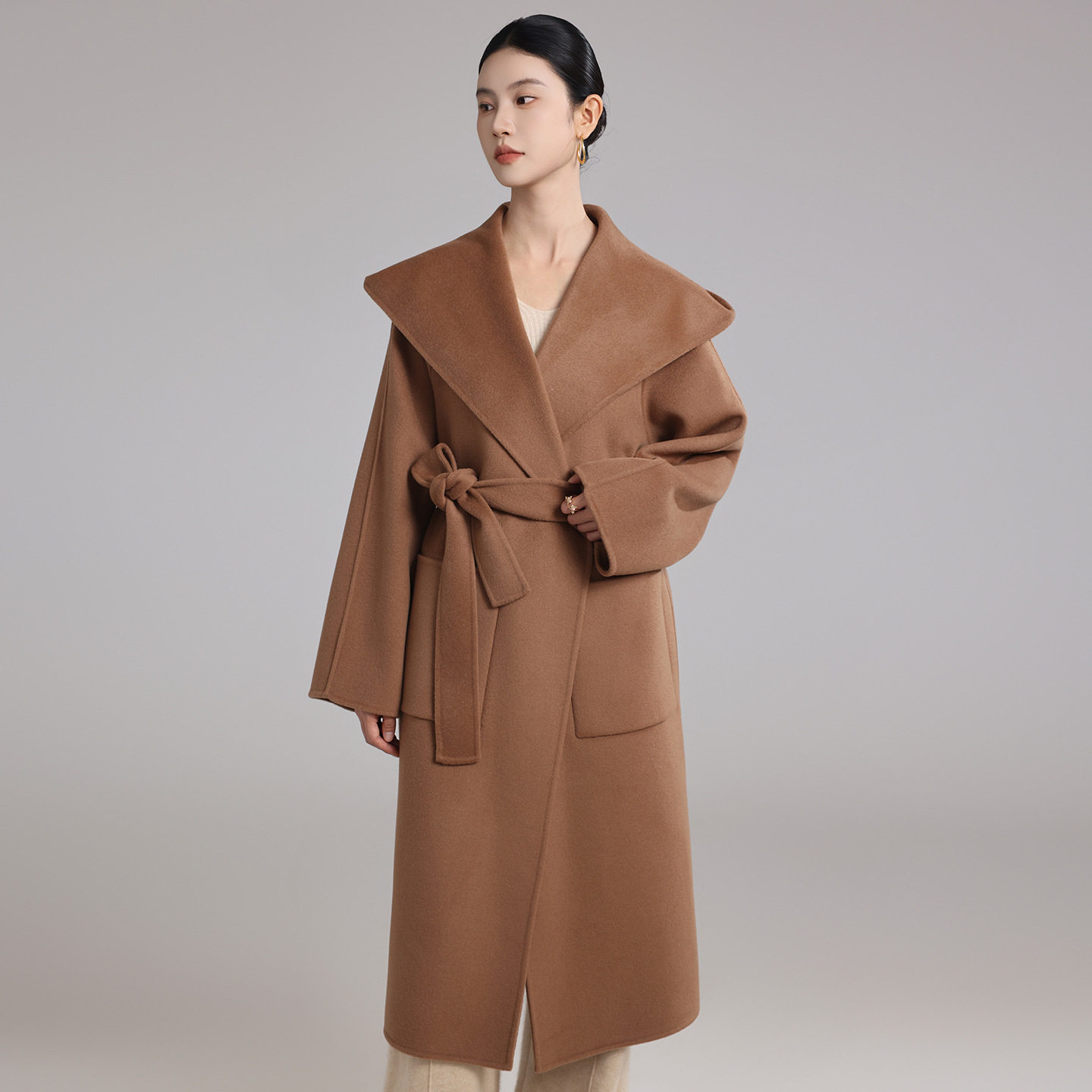 30% 山羊绒连帽女士双面呢大衣宽松休闲气质简约时尚系带毛呢外套