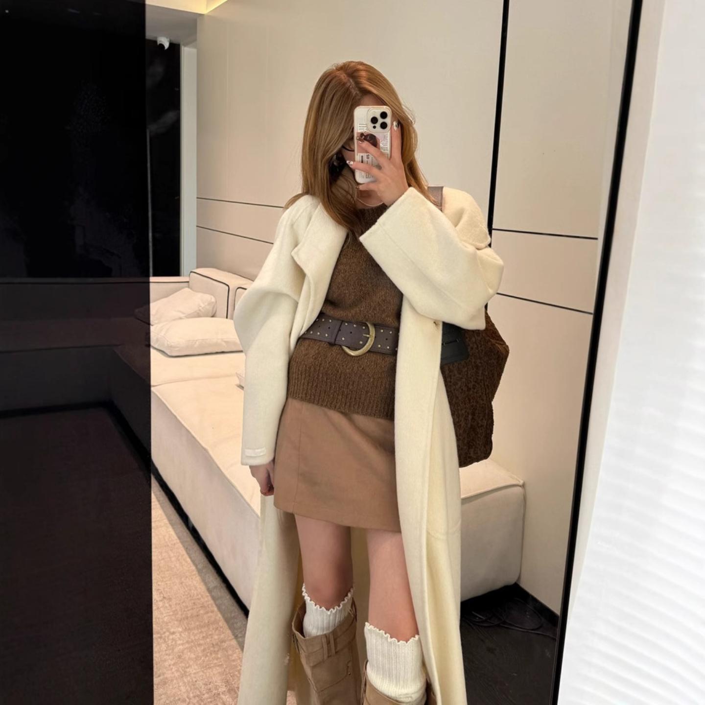 法式高级感双面羊驼绒大衣女立领廓形系带长款后开叉羊毛毛呢大衣