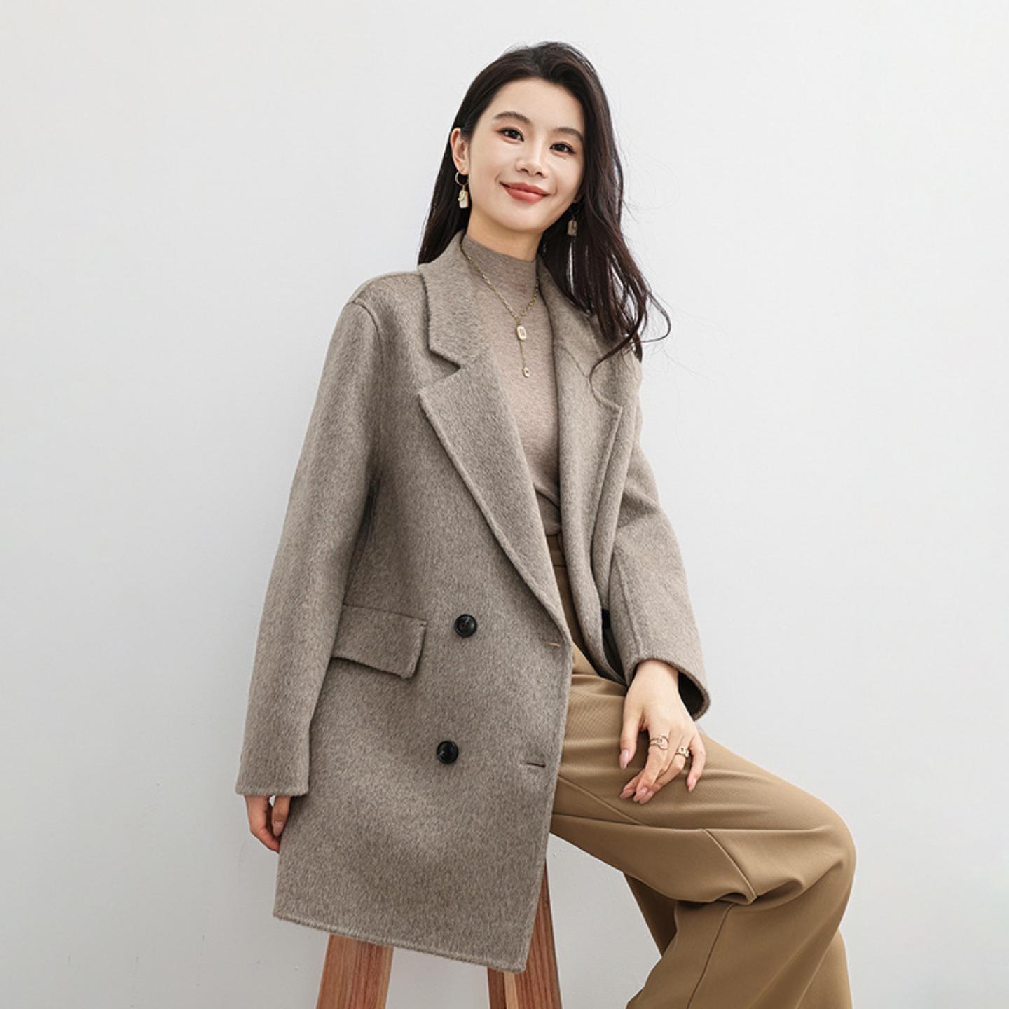 秋冬新款双面呢羊毛大衣女式中长款西装领减龄感时尚气质毛呢外套