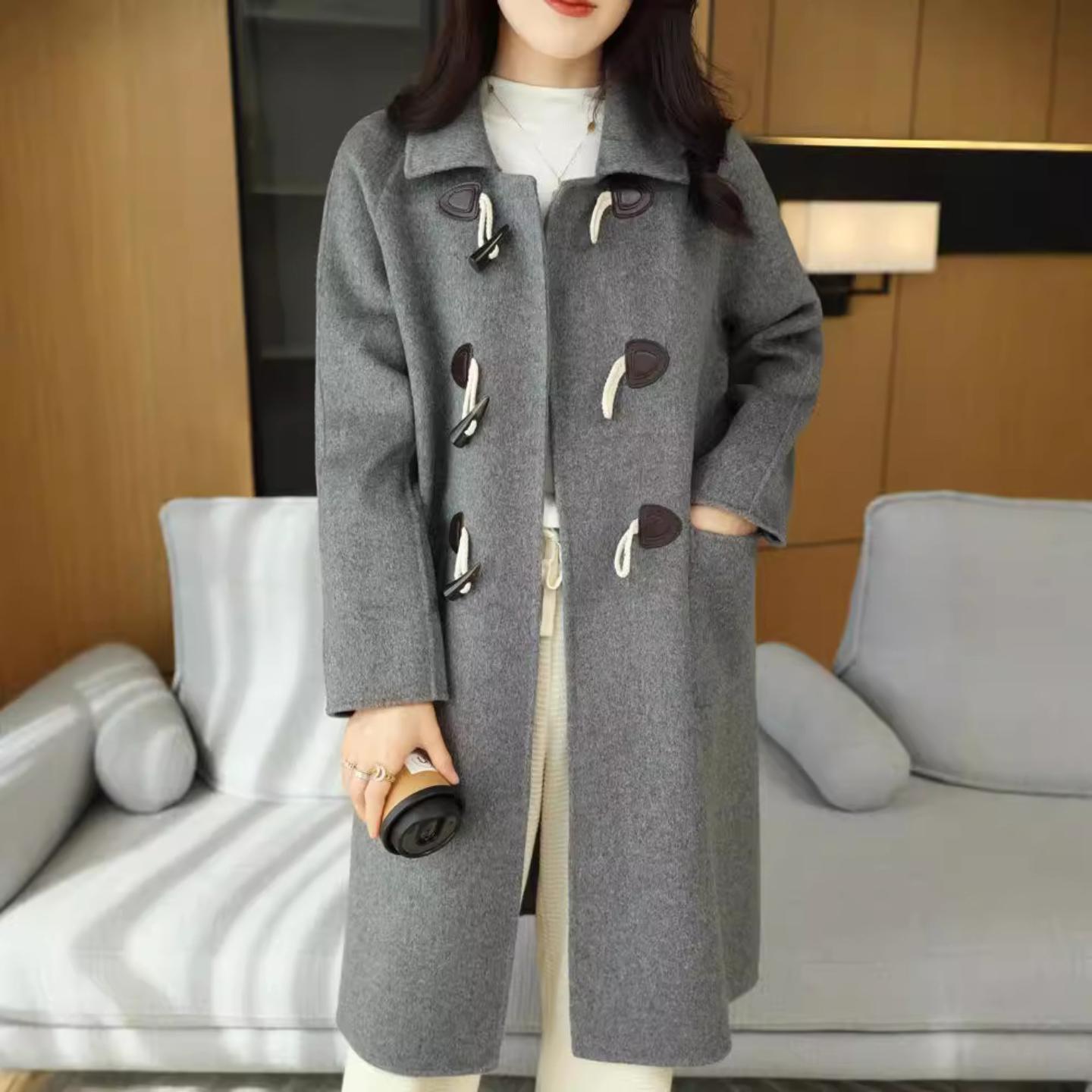 手缝长款牛角扣羊毛大衣女秋冬大码双面呢羊毛大衣宽松毛呢外套