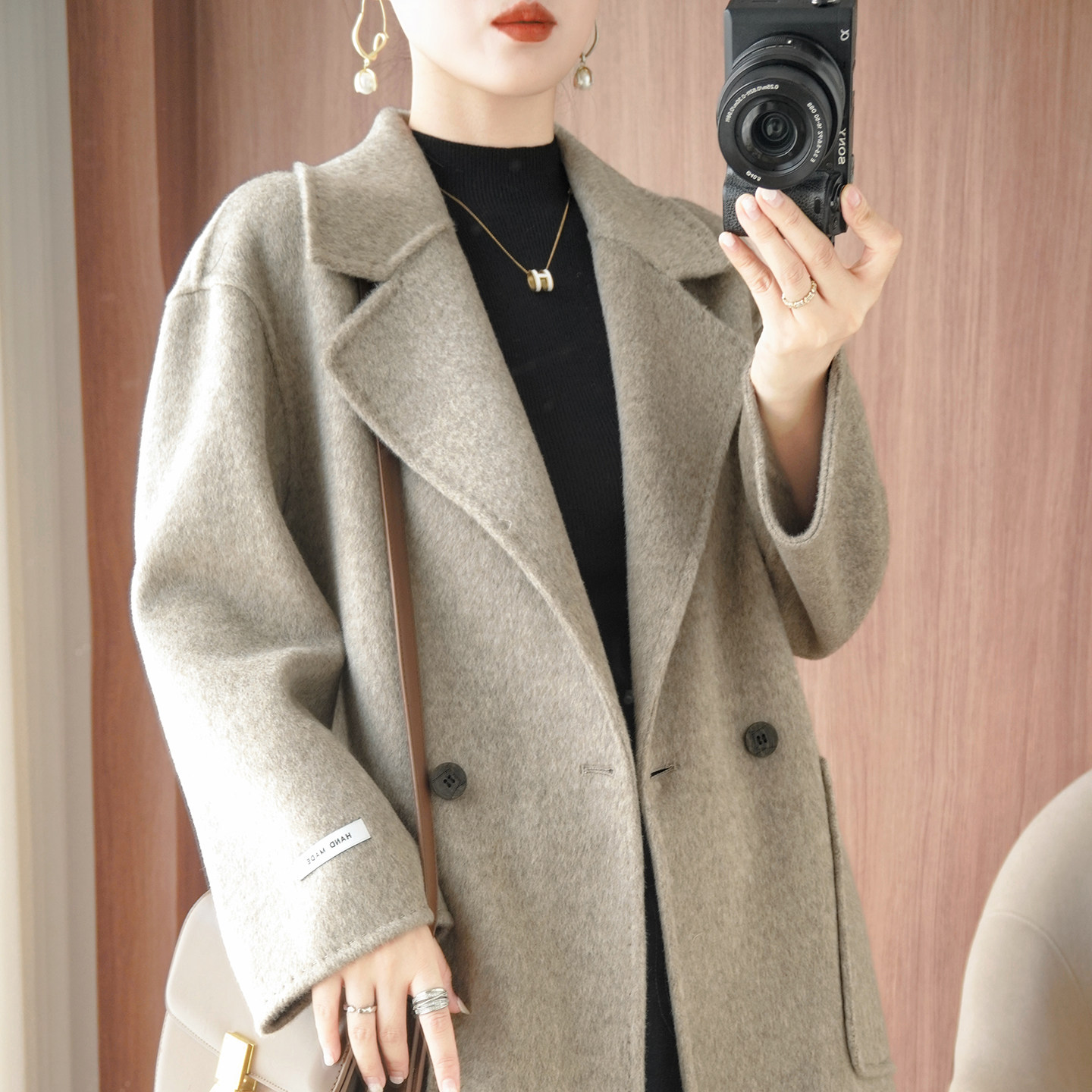 极简双面呢大衣女100纯羊毛中长款西装领双排扣显瘦修身毛呢外套