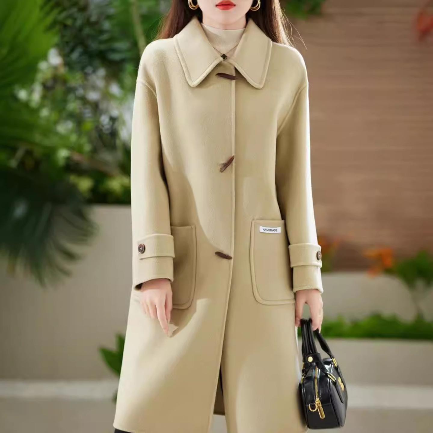 2026新款双面大衣女长款高级感娃娃领长袖牛角扣100%羊毛简约外套