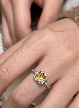 深圳旭佳旭家s925通体纯银天然烟花切黄水晶满钻方糖戒指女精致