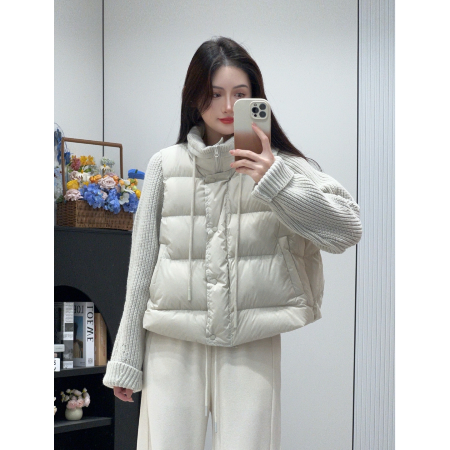 韩系针织拼接袖立领系带羽绒服女短款宽松2025冬季新款白鸭绒外套