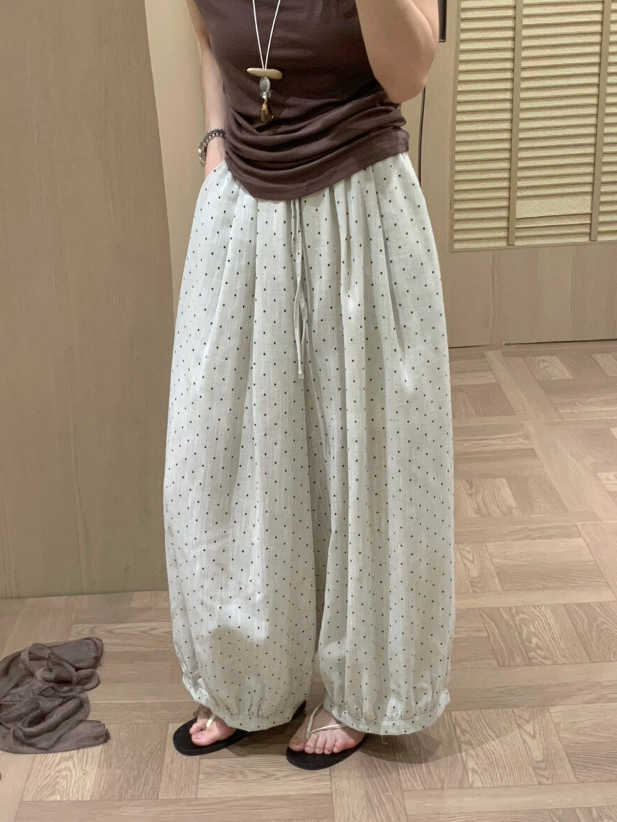 满满Mono小点点波霸奶茶裤休闲裤松紧腰波点阔腿裤女宽松轻薄透气