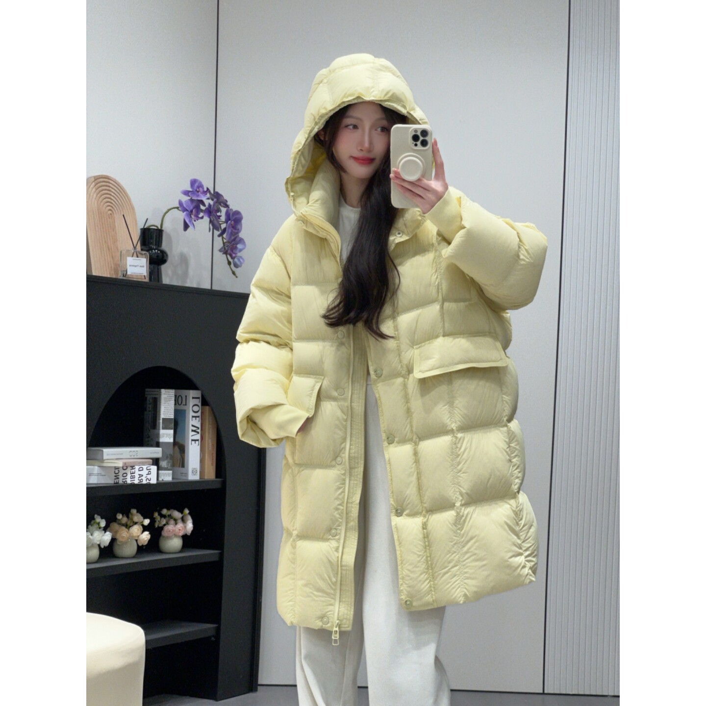 欧货320g加厚羽绒服女中长款2025冬装90白鸭绒连帽豆腐块外套保暖