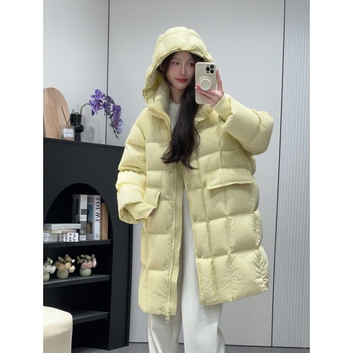 欧货320g加厚羽绒服女中长款2025冬装90白鸭绒连帽豆腐块外套保暖