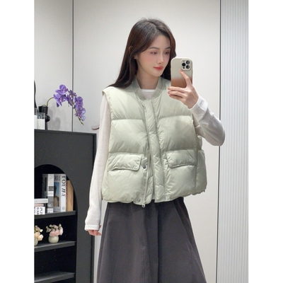 韩系针织棒球领羽绒服马甲女短款2025秋冬新款白鸭绒坎肩无袖外套