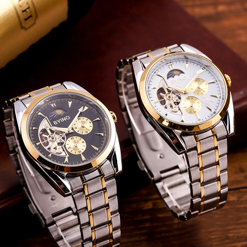 贝伊诺byino男士商务机械自动表男表全钢表月相大三针小三针手表