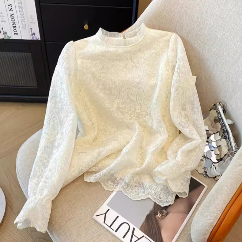 蕾丝钩花长袖白色打底衬衫女春秋2025大码胖高级感气质漂亮上衣