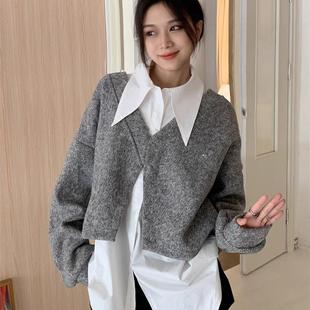 上衣宽松设计感中长款 女秋冬大码 加绒衬衣 尖领加厚内搭白衬衫 法式