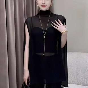 女裝 2025夏季 寬松顯瘦通勤百搭上衣 襯衫 高領網紗微透無袖 新款 法式