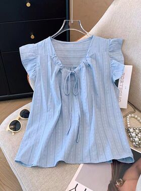 韩系女装蓝色小飞袖衬衫女夏季法式抽绳系带别致洋气小衫短袖上衣