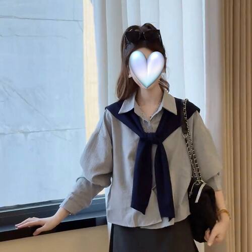 法式不规则条纹长袖衬衫女2026新款外搭针织披肩巨好看早秋两件套