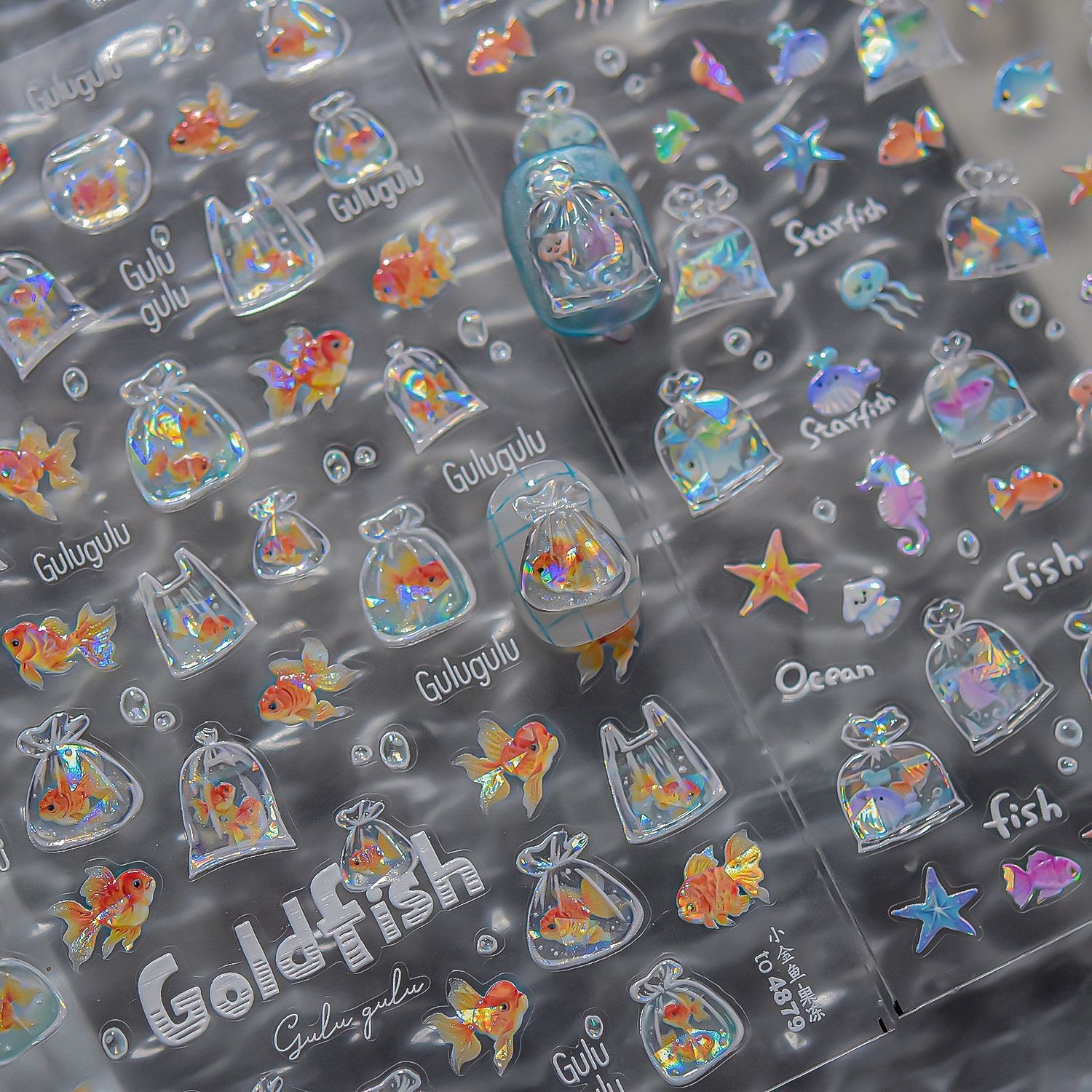 袋袋金鱼海星贝壳水母海洋闪光果冻美甲贴纸tomoni网红指甲饰品贴