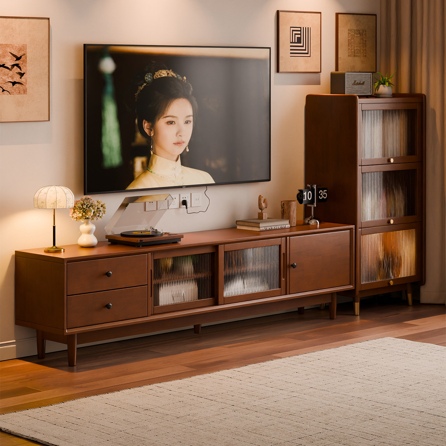 家逸实木电视机柜客厅茶几组合中古风家具收纳储物一体落地柜边柜