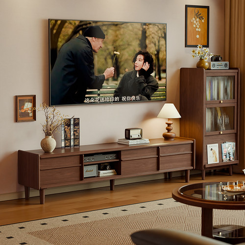 家逸实木电视柜茶几组合落地储物柜中古风小户型客厅家用电视机柜