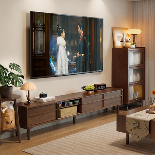 实木移门电视柜茶几组合落地储物柜中古风小户型客厅家用电视机柜