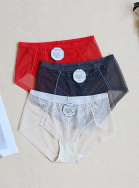 PK11417女士性感蕾丝内裤透明网纱法式镂空纯棉内档纯欲三角裤薄