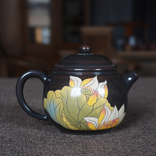 云南建水紫陶黑亮光王时君名家全手工作品彩填大口鲍尊复古泡茶壶