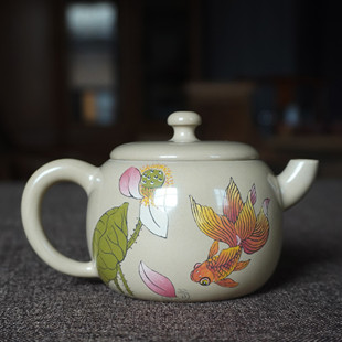 云南建水紫陶白色无釉磨光亮王时君名家全手工作品彩填中式泡茶壶