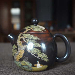 云南建水紫陶红泥无釉磨光亮王时君名家纯手工作品彩填龙旦泡茶壶