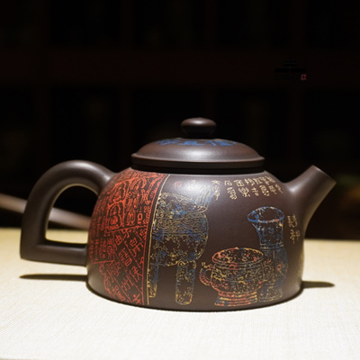 建水紫陶著名家杜俊楠红泥阴刻阳通景彩堆锦堂湛弘哑光中式泡茶壶