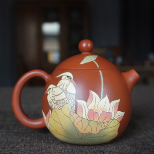 云南建水紫陶红泥复烧哑光亮王时君名家全手工作品彩填龙旦泡茶壶