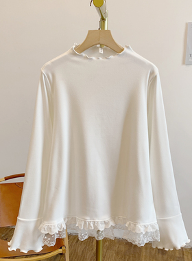 C5356磨毛德绒蕾丝拼接木耳边立领长袖T恤