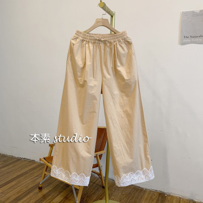 C3799杏松紧腰抽绳花边脚口宽松休闲裤夏季百搭