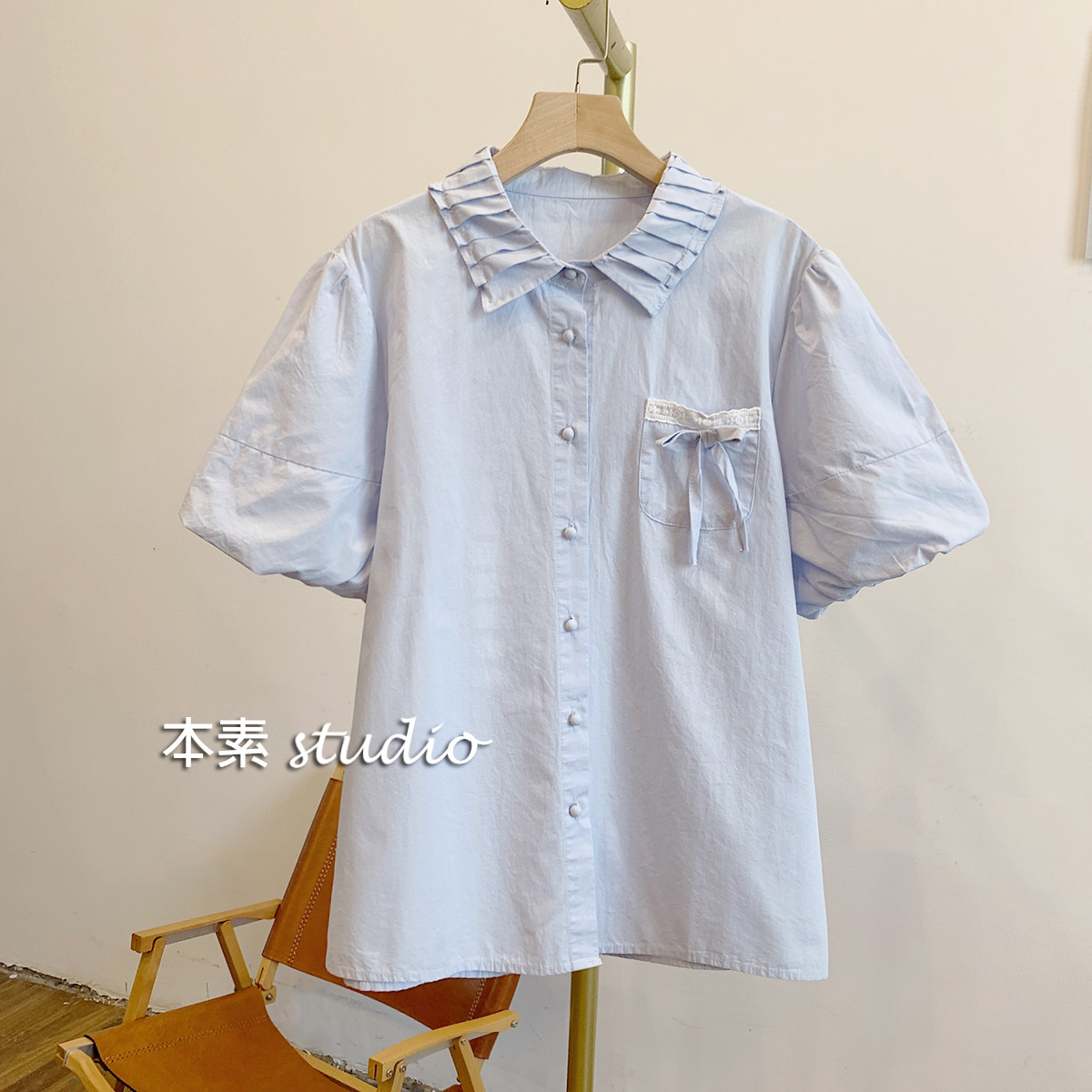 C3738蝴蝶结蕾丝单口袋全开扣百褶翻领短袖衬衫,女装/女士精品,衬衫,淘宝优惠券,粉丝福利购,淘宝优惠卷