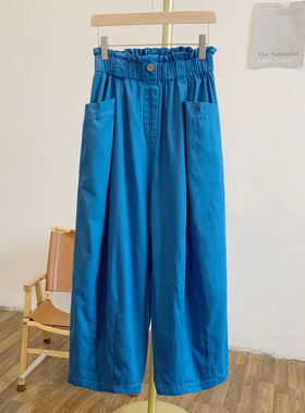 花苞腰-蓝Y1122纯色一粒扣松紧腰宽松休闲裤
