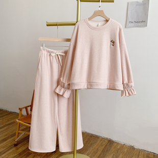 C5090加绒刺绣小猫圆领卫衣松紧腰系带阔腿裤 套装