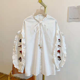 Y3017卡通刺绣全开扣系带木耳边立领长袖 衬衫