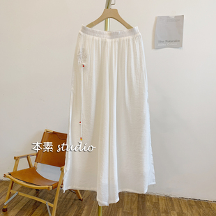 盘扣飘飘裤C3920刺绣流苏盘扣松紧腰侧开叉阔腿裤