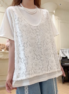 C6298彩扣蕾丝拼接假两件圆领短袖T恤