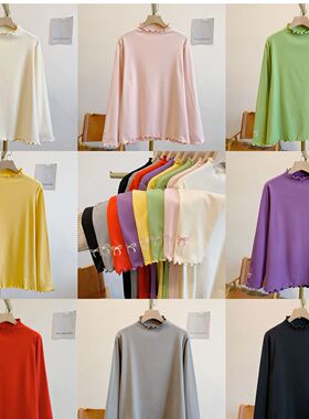 C5377磨毛德绒刺绣蝴蝶结木耳边立领长袖T恤