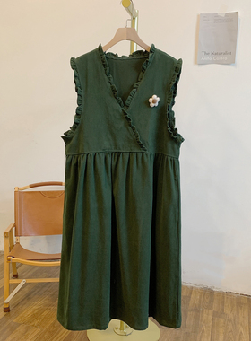 C4522小花木耳边V领宽松背心裙