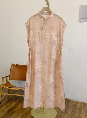 C4260印花腰侧盘扣斜门襟立领无袖旗袍连衣裙