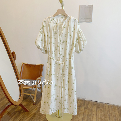 C0537印花系带立领短袖连衣裙