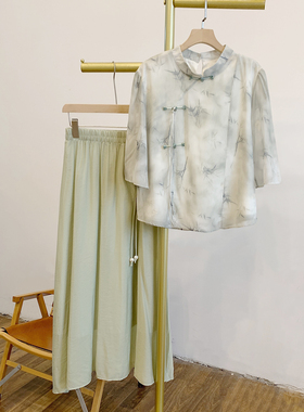 C4124蝴蝶竹叶印花立领衬衫松紧腰半身裙套装