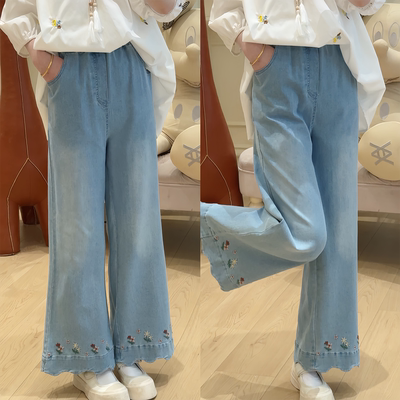 Y4371刺绣花朵波浪边松紧腰牛仔直筒裤