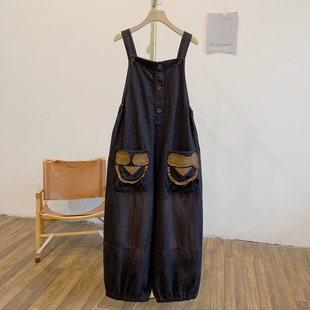 Y4283贴布可调节牛仔背带裤