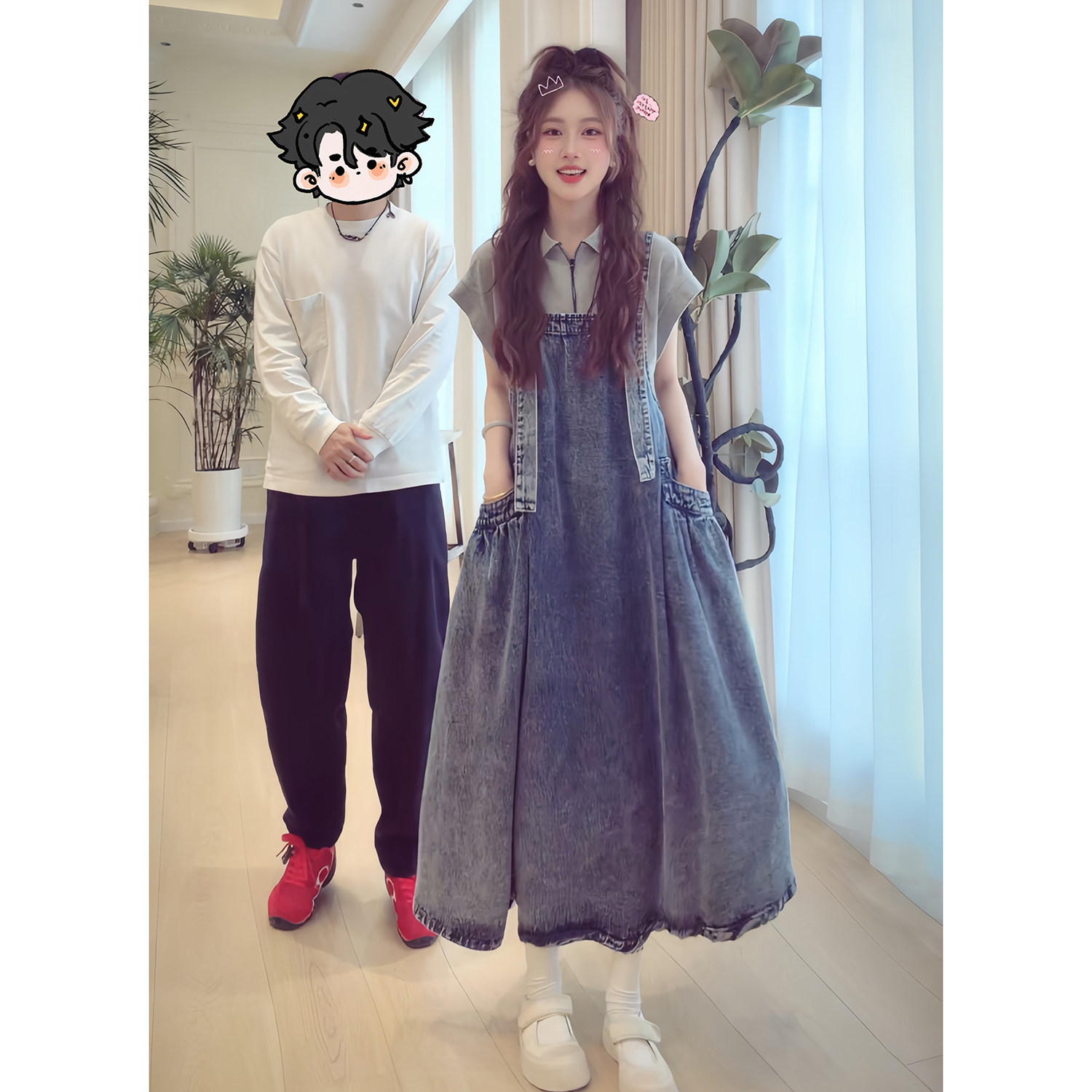 Y4458双口袋可调节牛仔背带裙