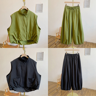 秋野漫步C4811拉链立领马甲松紧腰阔腿裤套装