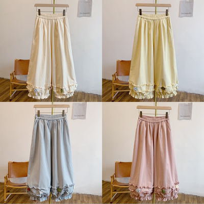 C5582小花木耳边松紧腰宽松休闲裤