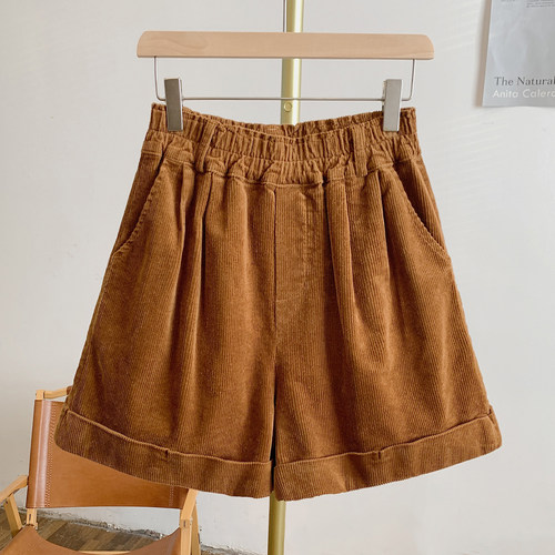 焦糖饼干Y3306灯芯绒裤脚翻边松紧腰短裤
